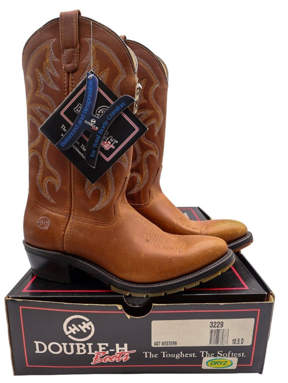 Vintage Double-H Boots Mens 10.5 D Tan Leather AG7 Ice Western Work 3229 NWB